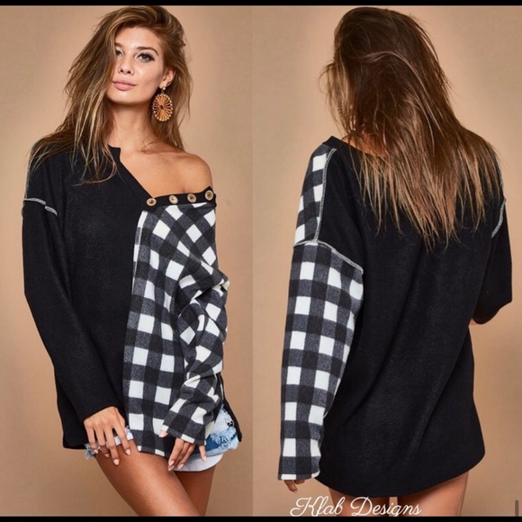 New! Sale 🔥Buffalo Plaid Soft Brushed Knit ColorBlock V Neck Button Top - Picture 14 of 14